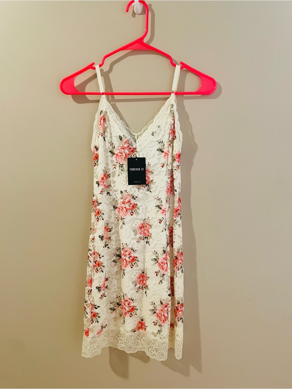 Forever 21 Cream Slip Dress with Pink Rose Print